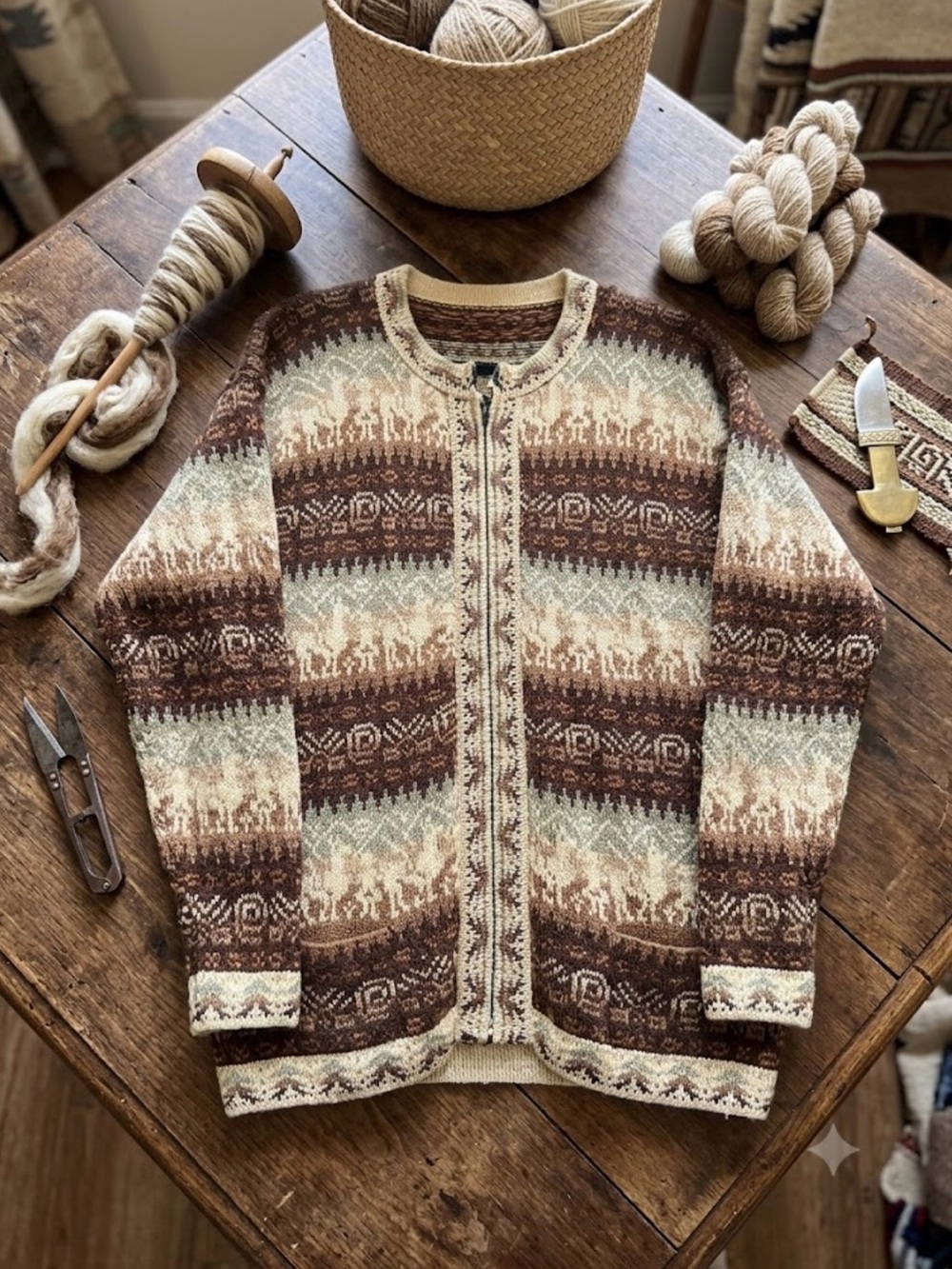 Handmade Peruvian Alpaca Brown & Cream Patterned Zip-Front Sweater